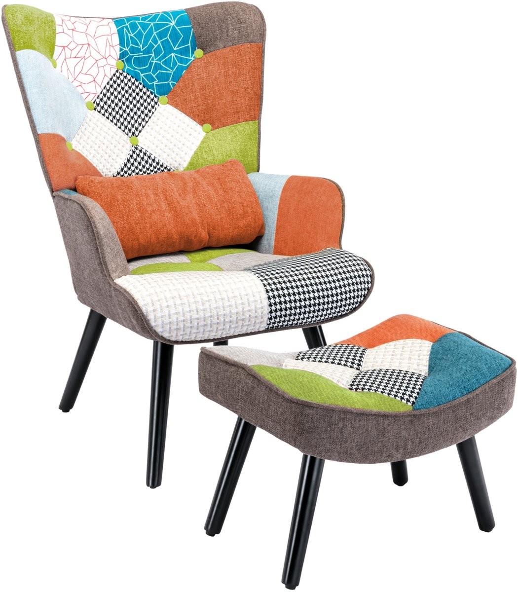 HomeMiYN Patchwork Serie – Fauteuil met Voetenbank – Comfortabele Relaxstoel in Multicolor Design – Houten Frame – Inclusief Oranje Sierkussen
