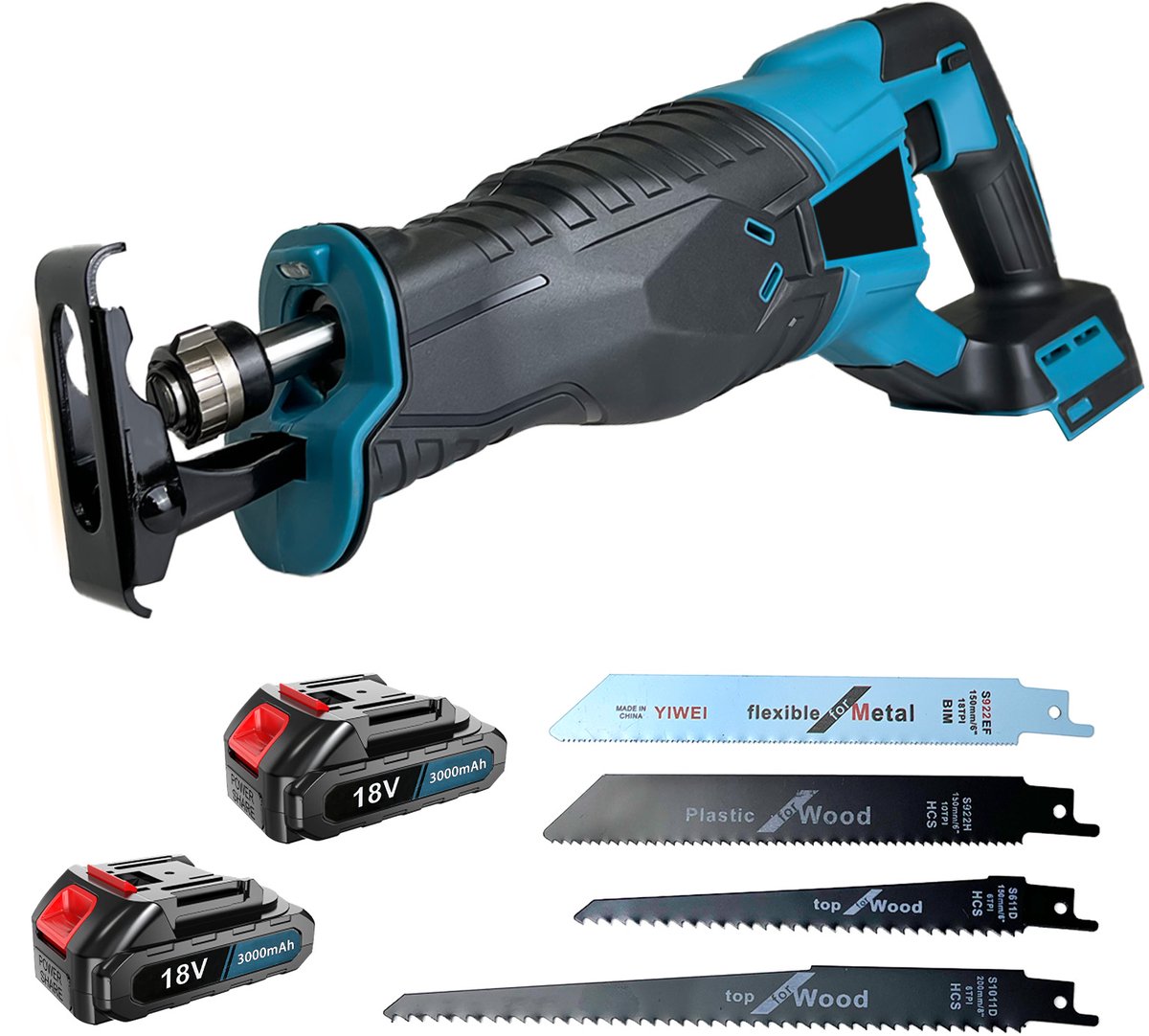 18V accusaga – borstelloze motor, 0-3500 SPM variabele snelheid, 2x 3000mAh accu's, 4 zaagbladen & LED – voor hout, metaal en PVC