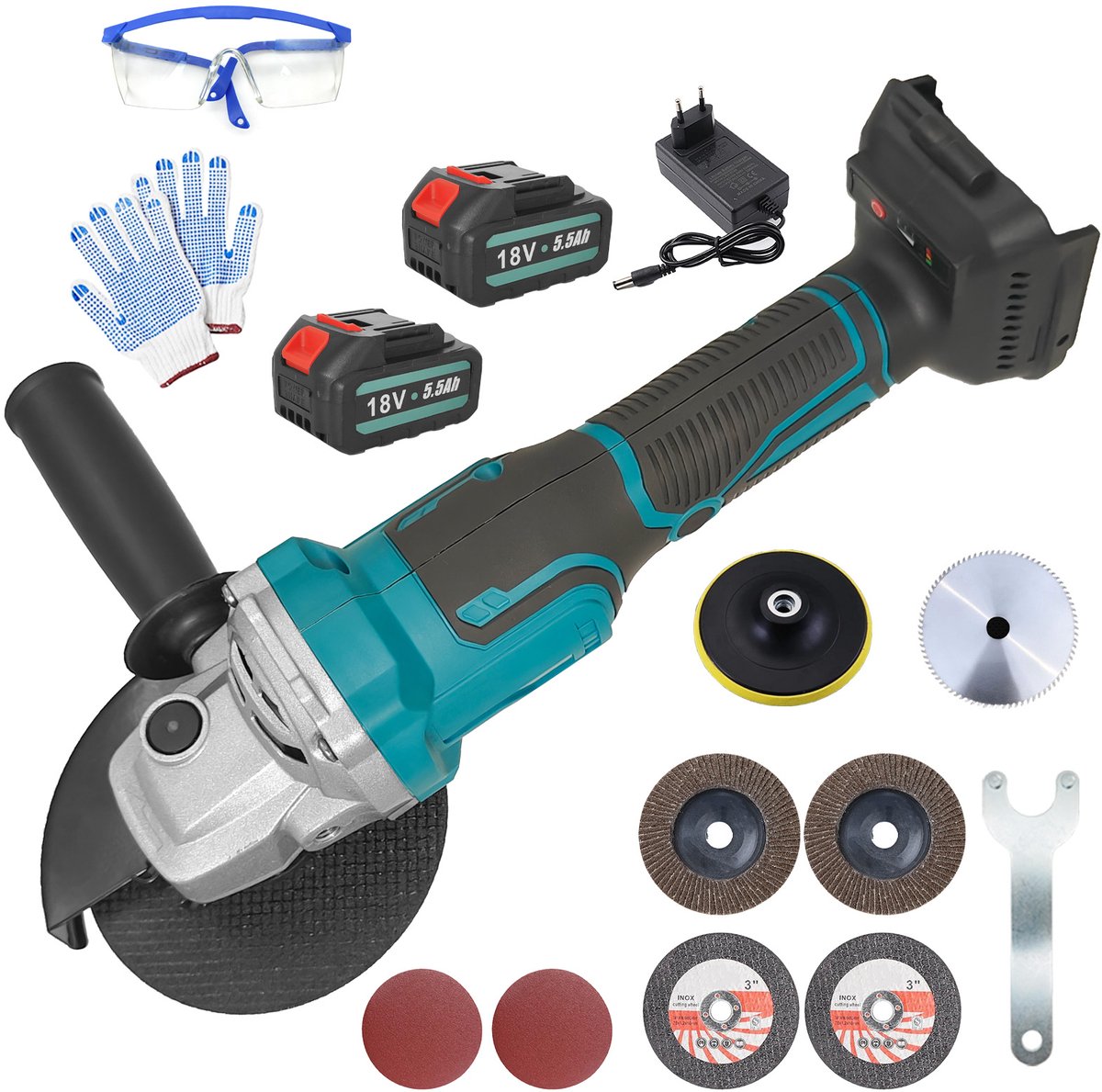 18V accuschuurmachine 125mm – borstelloze motor met 2x 5.5Ah accu's, geschikt voor metaal, slijpen en tegels