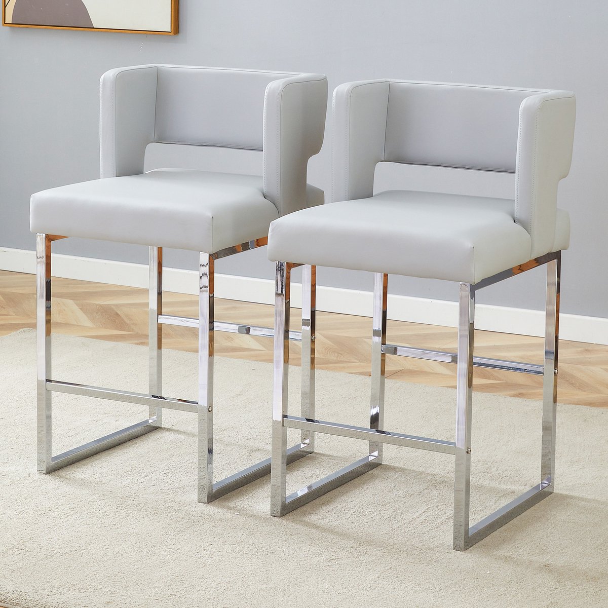 Eetkamerstoelen - Set Van 2 - Gestoffeerde eetkamerstoel - Eettafelstoel - Eetkamerstoelen - Stoel - PU - Metalen stoelpoten - Vierkant ontwerp - Modern Design - lichtgrijs, zilver