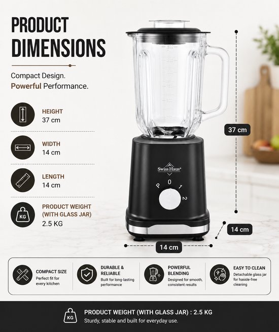 Swiss Haus® BL2315G Blender - 500W - 1.5L Glazen kan - Smoothie maker & Grinder - 2 Snelheden + Pulse - RVS Messen - Vaatwasbestendig - BPA Vrij - Zwart van Swiss Haus — afbeelding 5