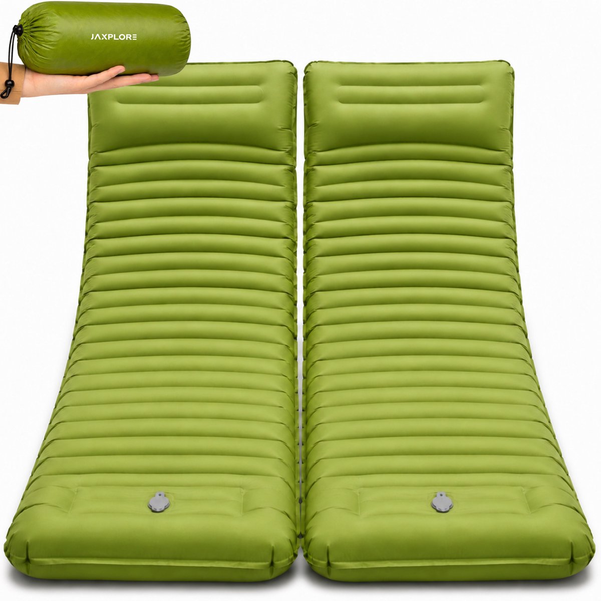 Jaxplore Slaapmat Zelfopblazend - 2 Stuks - 13cm Dik - Ingebouwde Voetpomp & Hoofdkussen - Slaap Matje - Luchtbed 1 persoons - Koppelbaar - Camping matras - 200x70x13cm