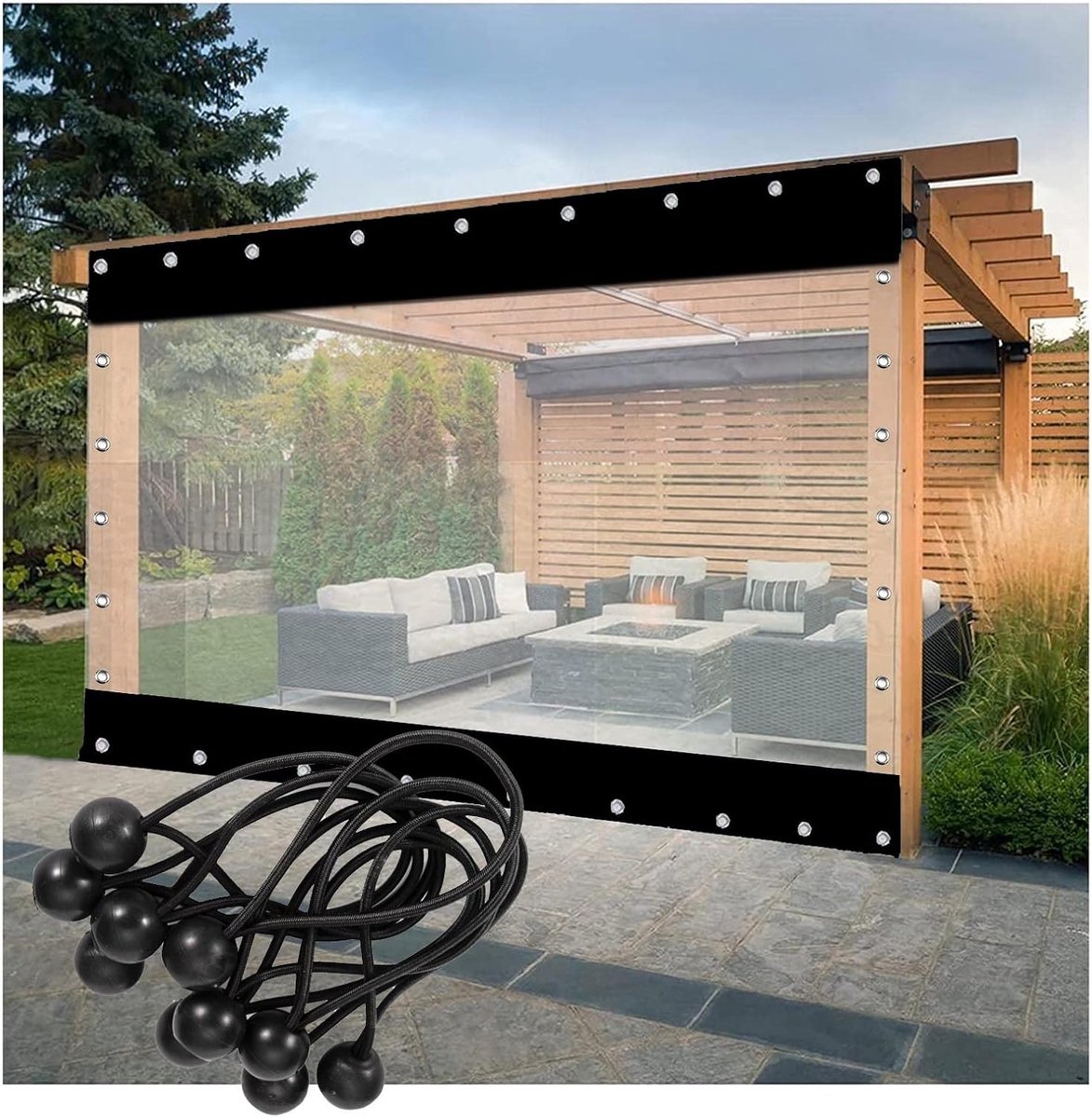 PVC Afdekzeil - Terrasgordijn Buitengordijn - Veranda Beschermen - Ingestanste Ringen - 12 x 22 m - Zwart