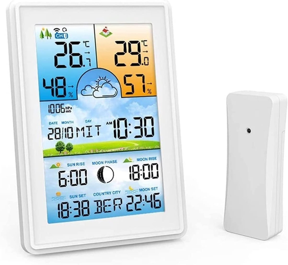 Weerstation Binnen Buiten - Thermometer Hygrometer - Weersvoorspelling Thuis - 5 Comfortindicatoren - 1 Sensor Inbegrepen - Wit