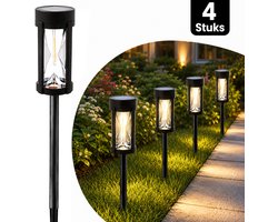 Webzon – Solar Tuinlampen 4 Stuks – Warm Wit LED – Zandlopervorm – IP44 Waterdicht – Automatisch Aan/Uit – Solar Buitenverlichting voor Tuinpad, Oprit, Terras en Tuin – Zwart