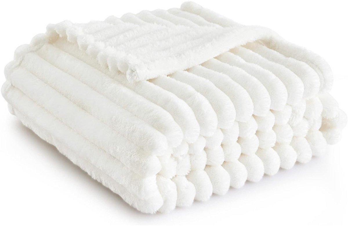 carmdering - Fleece Bankdeken - 120x200cm - Wit Gestreept - Zacht & Warm - 1 Stuk