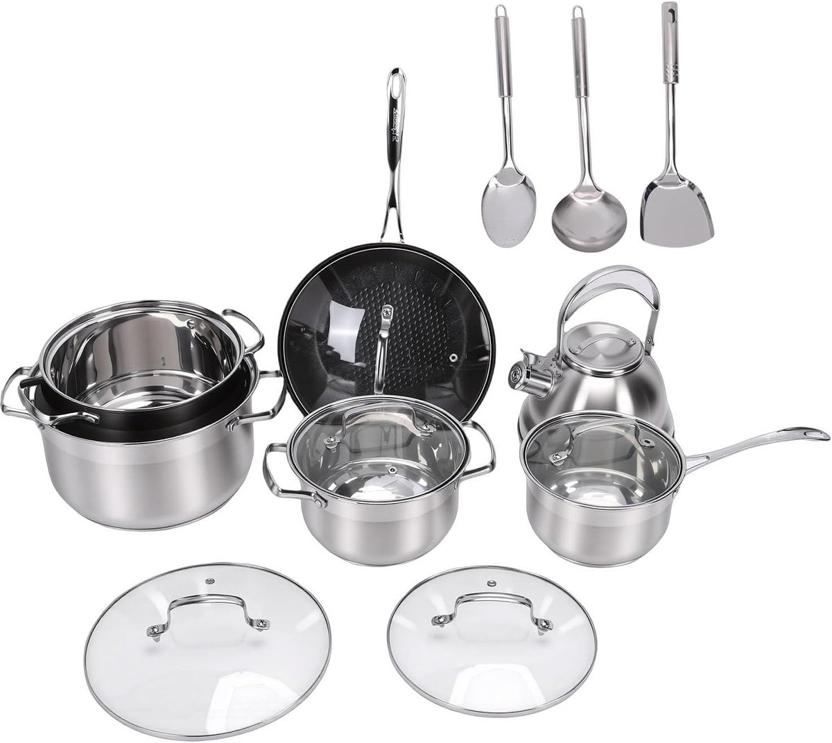 Kookgerei Set - Pannen en Ketel - Thuis Koken - Roestvrij Staal - 5 Delen - Zilverkleurig