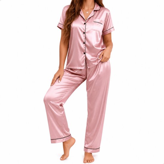 Boncy® Pyjama Set Dames Satijn Roze - Pyama Nachtkleding Volwassenen - Pyjamabroek Meisje - Maat M