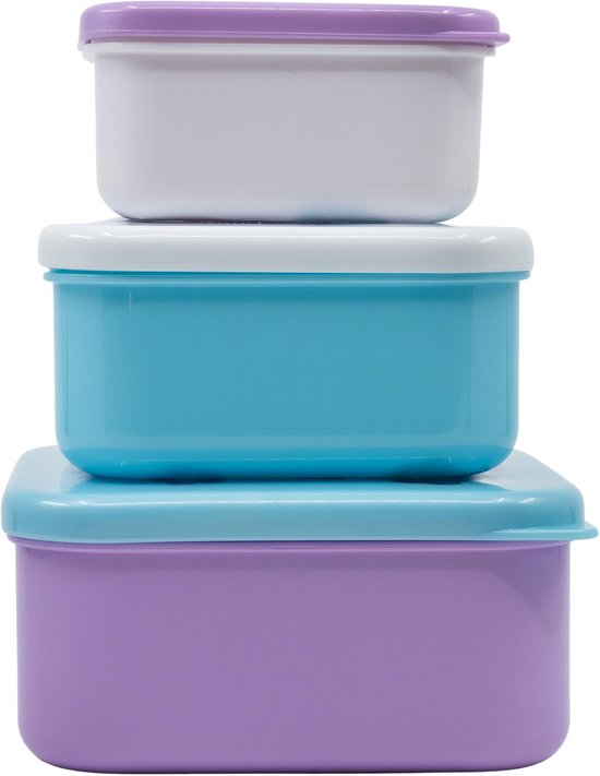 Trois boîtes à snacks carrées empilables violettes, bleues et blanches avec des couvercles blancs.