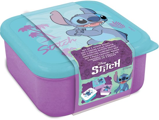 Boîte à lunch violette et turquoise avec Stitch sur le couvercle et des feuilles tropicales. Texte "Stitch" sur le devant.