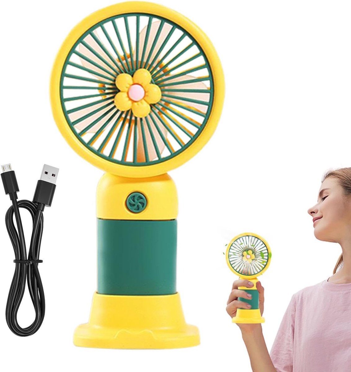 Draagbare Handventilator - Oplaadbare Ventilator - Persoonlijke Verkoeling - Met Basis en Telefoonhouder - 15x8x6 cm - Groen