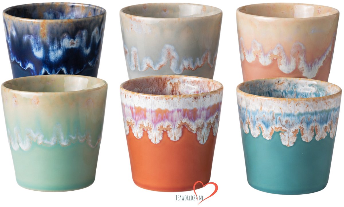 Costa Nova - Grespresso servies - 6 Lungo kopjes - Roze-Grijs-Azur-Red-Wit -Turquoise - aardewerk - H 7,5 cm