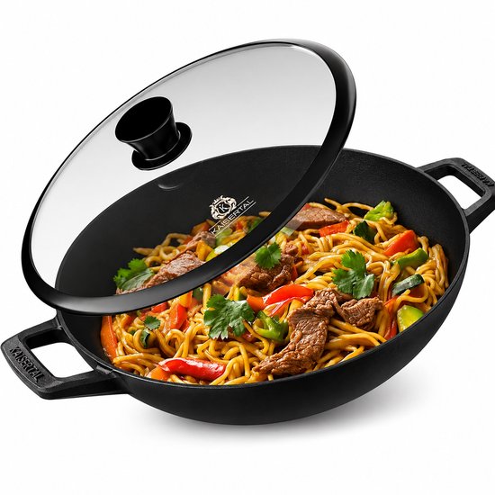 KAISERTAL Gietijzeren Wokpan 33 cm met Glazen Deksel – 4,6 Liter – Voor Inductie, Gas, Keramisch & Oven – Voorbehandeld Gietijzer