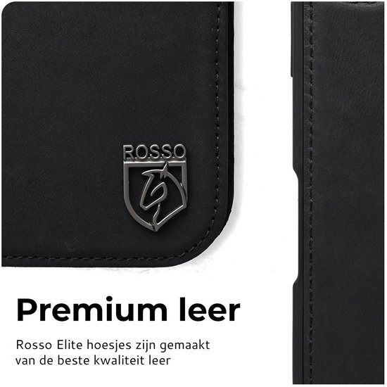 Close-up van de zwarte lederen telefoonhoes met het gestileerde paardenlogo van ROSSO.