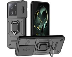 Hoesje met Camera Slider Geschikt voor de Xiaomi 13T / 13T Pro - Back Cover met Standaard - Uitklapbare Kickstand Ring - Beschermhoes TPU - Magneet voor Auto Houder Zwart