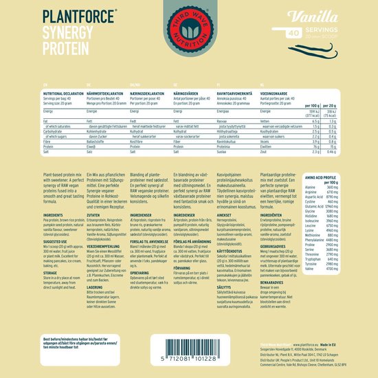 Plantforce Synergy Vegan Proteïne / Protein - Third Wave Nutrition - Eiwitpoeder / Eiwitshake - 400g - Vanille — afbeelding 5