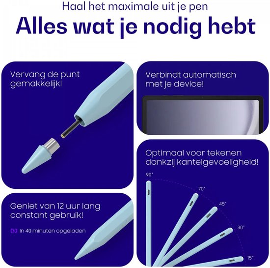 Buddi Flow Universele Actieve Stylus Pen met USB-C Poort - Kantelgevoelig - Magnetisch - Geschikt Voor o.a. Tekenen - Extra Tip - Geschikt voor Tablet, Telefoon en iPad - Blauw van Merkloos — afbeelding 2