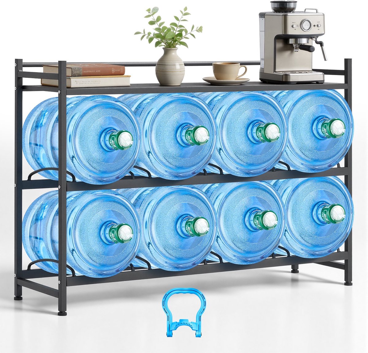 Waterflessenrek - 3-Laags Waterkanhouder - 4 Rijen - Voor 8 Flessen - Met Opbergvak - Vrijstaand - Zwart