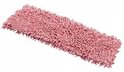 Serpillière en microfibre rouge et blanche avec franges, posée sur un plancher en bois.