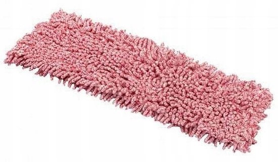 Serpillière en microfibre rouge et blanche avec franges, posée sur un plancher en bois.
