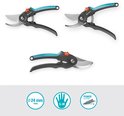 Set van drie snoeischaren met zwarte en turquoise handvatten en zilveren bladen. Iconen voor 24mm, maat S-M en power coating.