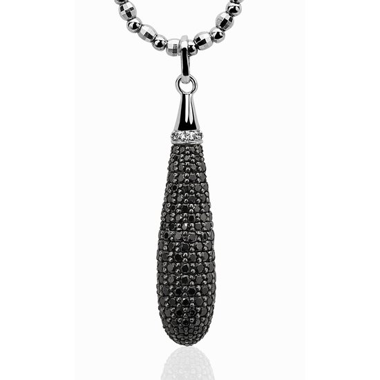 Pendentif obus en argent serti de zircons noirs avec une rangée de diamants en haut.