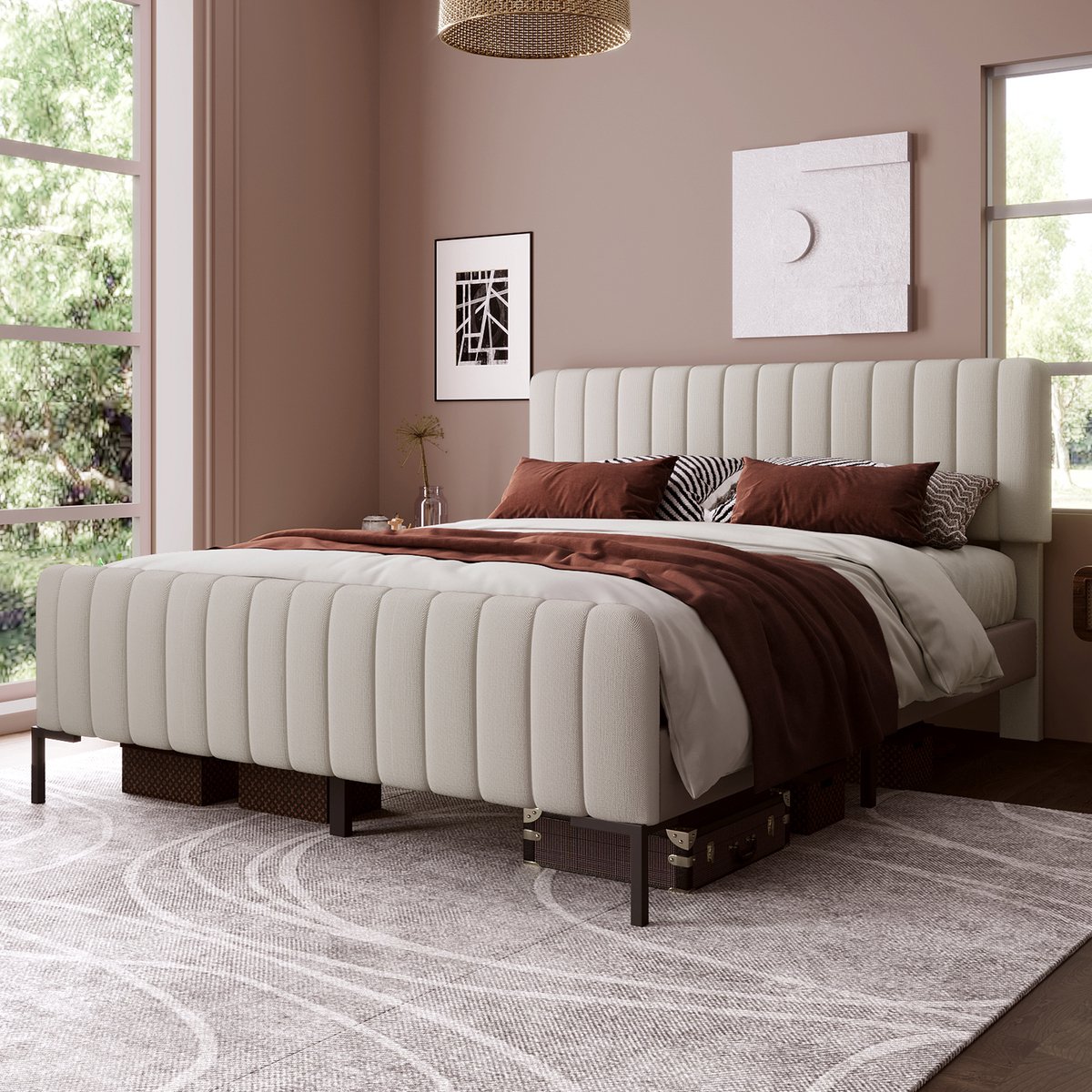 Merax Tweepersoonsbed 140 x 200 cm - met bedframe en verstelbare hoofdeinde - gestoffeerd bed - linnen materiaal - beige - zonder matras