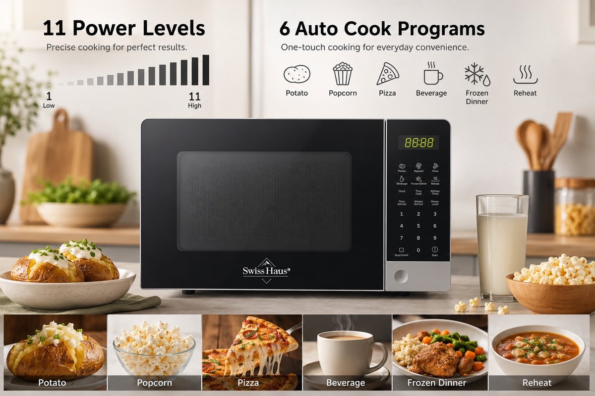 Swiss Haus® MW22 Combi Magnetron Vrijstaand – 20L Digitale Microgolfoven – 700W Microwave & 900W Grill – 11 Verwarmingsstanden – Zwart/Zilver thumbnail 3