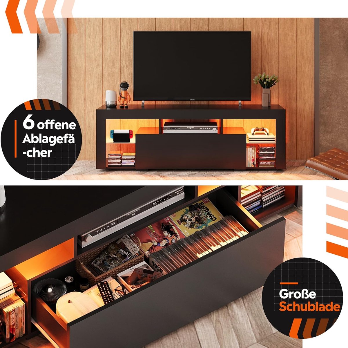 TV meubel LED zwart – House&Garden TV kast 135 cm lowboard met 20 kleuren LED verlichting, moderne televisietafel met 2 lades en open opbergruimte, geschikt voor TV’s tot 75 inch, woonkamer entertainment meubel zwart design