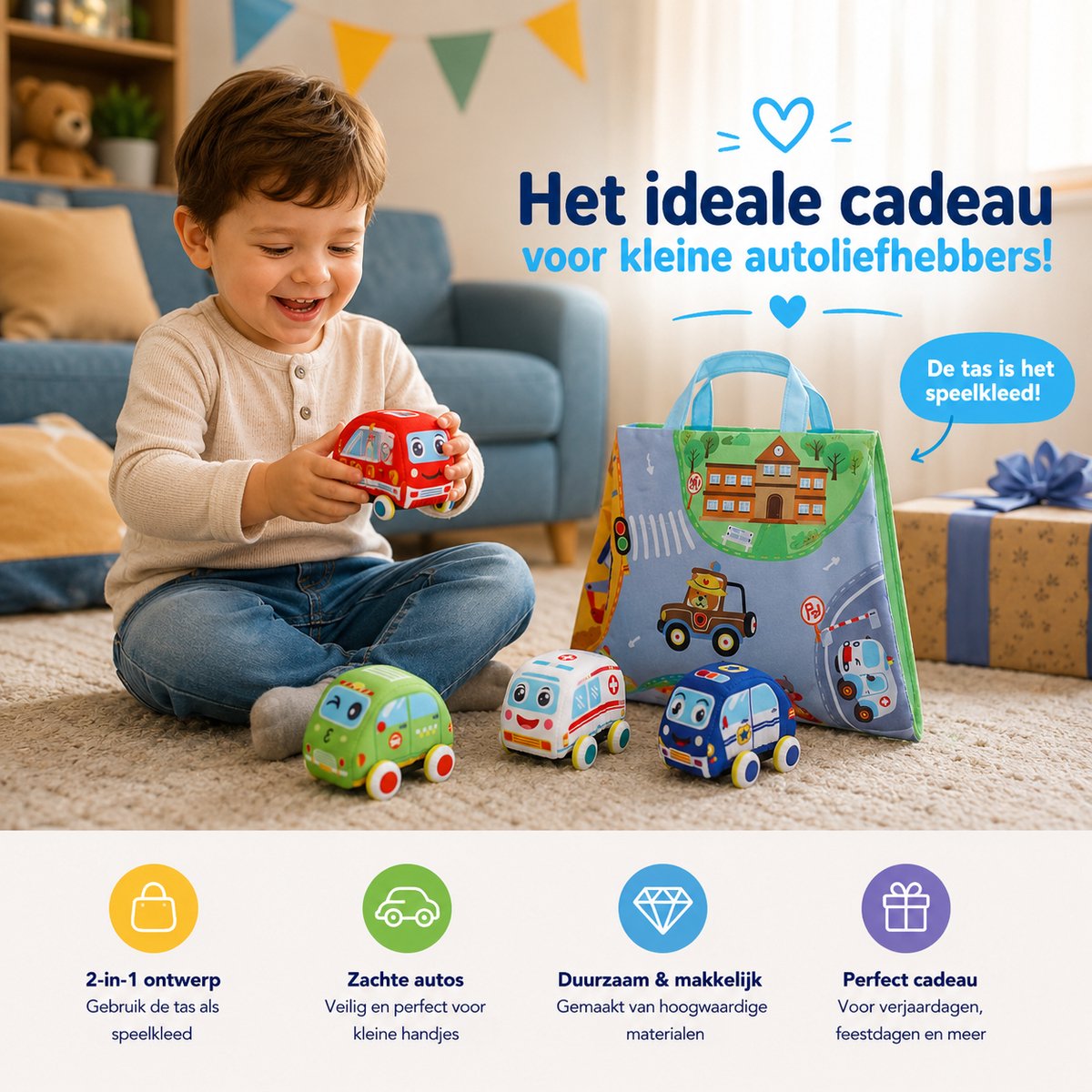 Speelmat Auto's Met Opbergtas - 4 Houten Voertuigen - Speelkleed Auto - Educatief Speelgoed - Cadeau Jongens En Meisjes Vanaf 1 Jaar — afbeelding 13