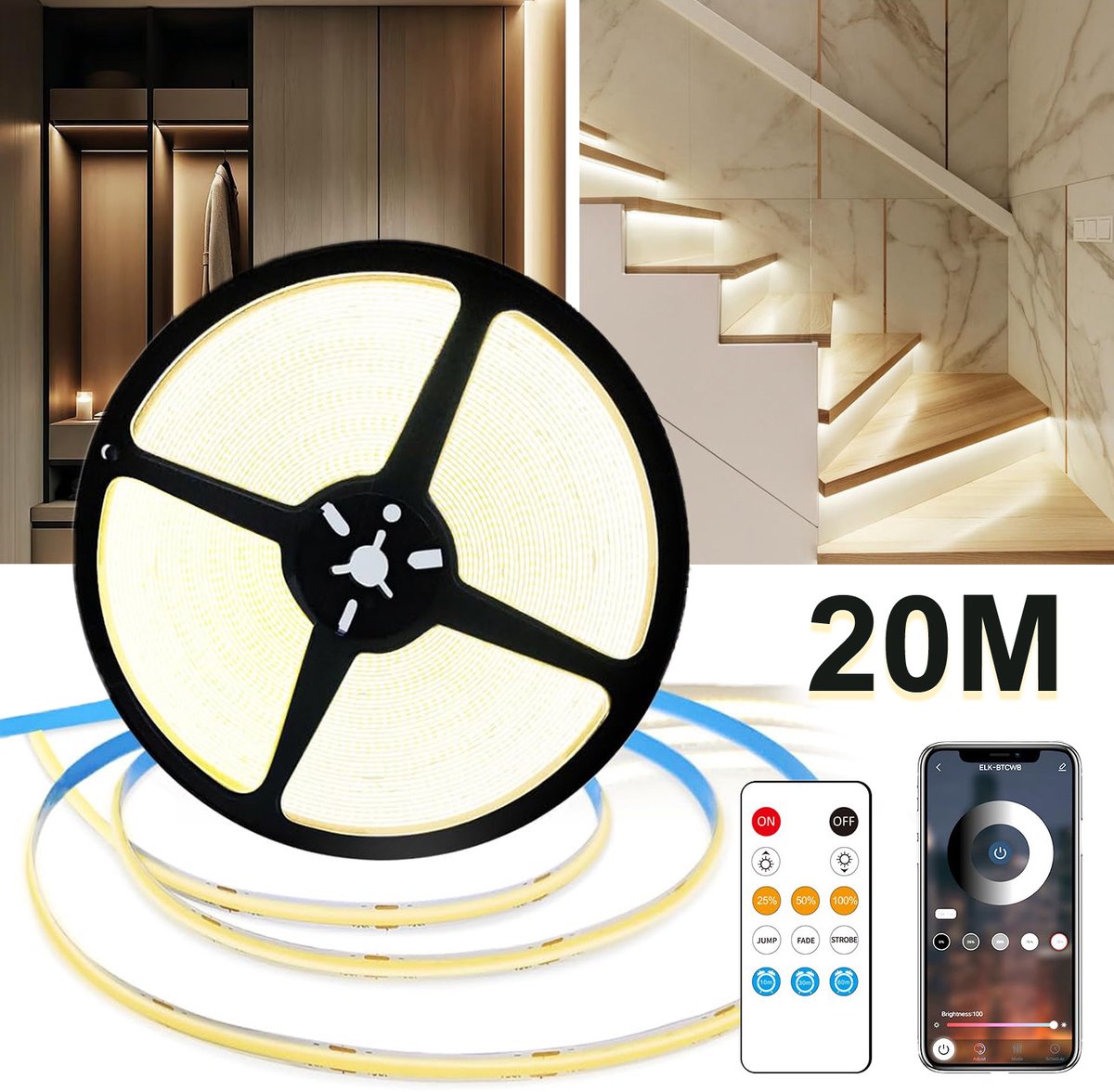 LED strip 20 meter - COB LED verlichting warmwit 3000K - Dimbare flexibele LED-lamp - Met afstandsbediening en App controle - DC 24V - Voor woonkamer, slaapkamer, planken en kasten
