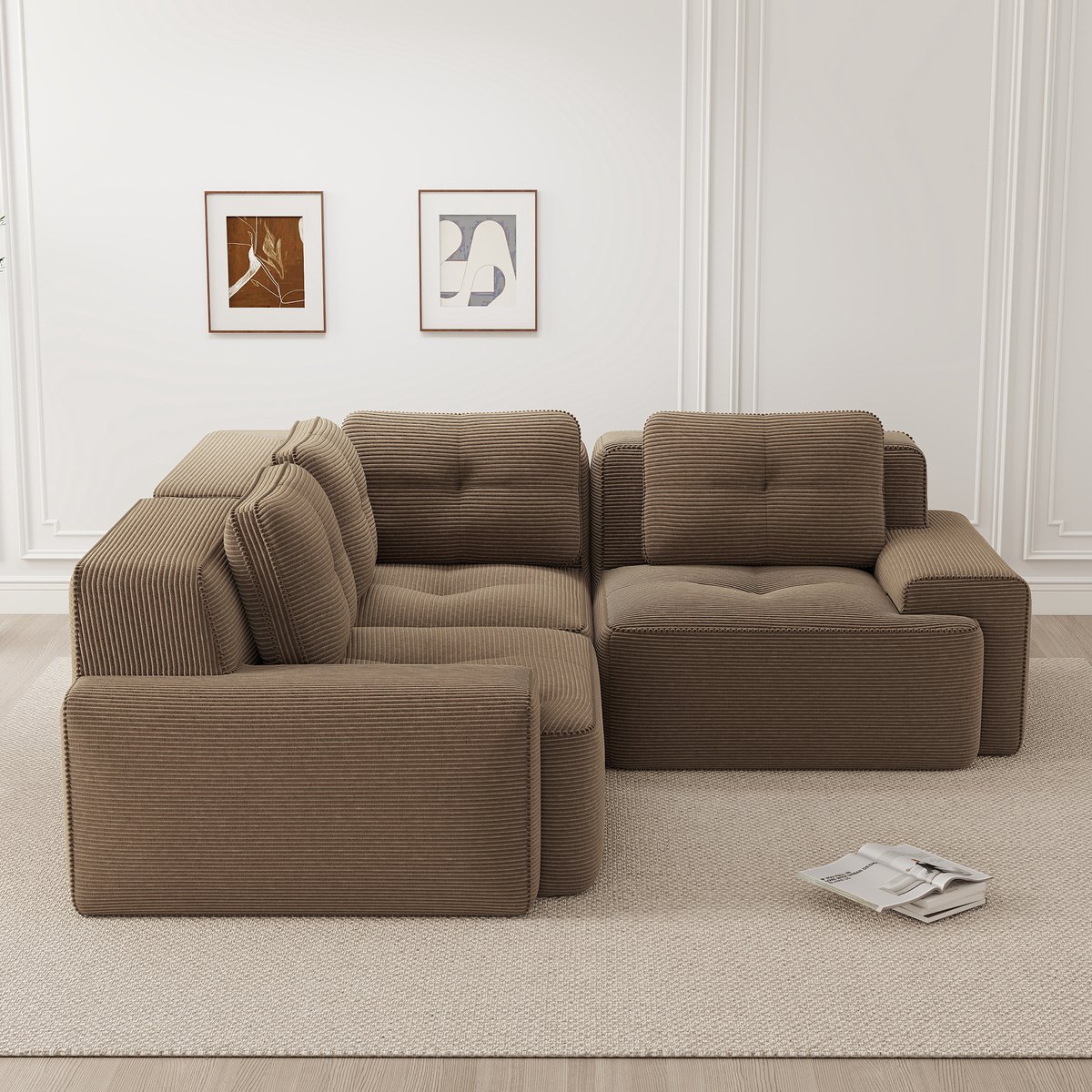 DESMIU Hoekbank 208 x 104 x 69 Cm - Modulaire 3-Zits Bank Zonder Montage Met Diepe Zitting