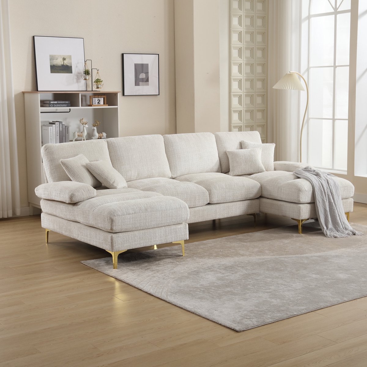 DESMIU U-Bank 272 Cm - Dubbele Ligplaatsen Met 4 Rugkussens En 2 Sierkussens - Voor Woonkamer Of Kantoor - Chenille Beige