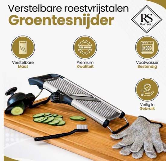 RaviSoll Professionele Groentesnijder – Mandoline RVS – Verstelbare Snijdikte (1-9mm) – Julienne Functie – Antislip Handgreep – Vaatwasserbestendig – Inclusief Snijhulp