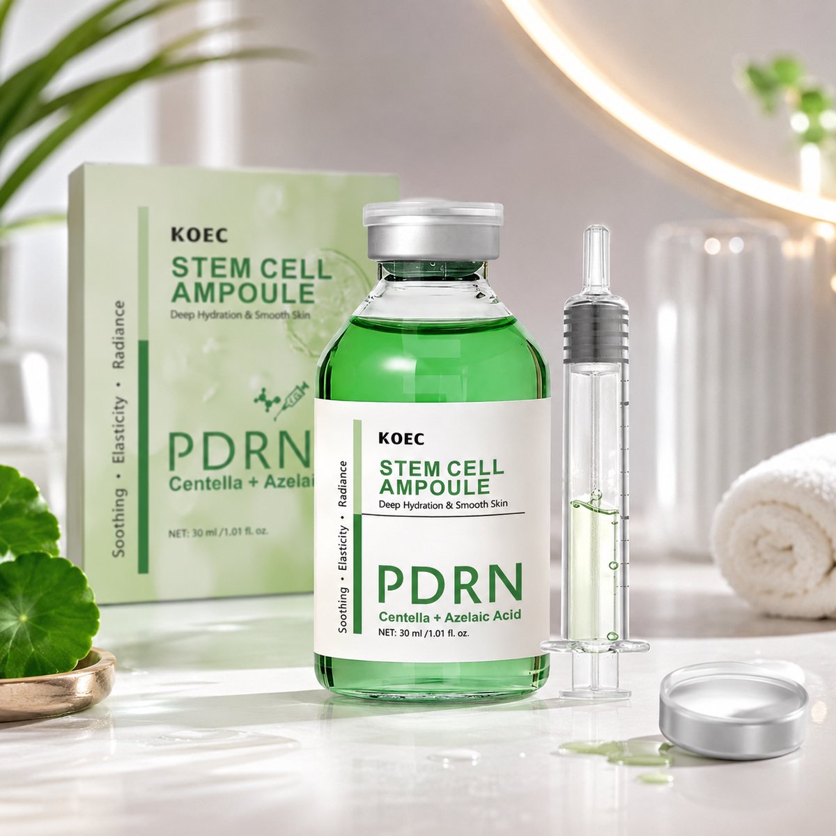 KOEC PDRN Centella Stem Cell Ampoule Serum, 30 ml, Gezichtsserum met Hyaluronzuur & Azelaïnezuur, Hydraterend, Anti Aging, Koreaanse Skincare