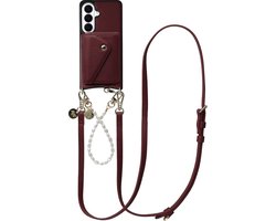 AVY Leren Hoesje geschikt voor Samsung Galaxy S26 | Met Koord en Magnetische Kaarthouder | Compatibel met MagSafe | Leather Case met 30CM & 130CM Koord & Wallet | Leather and Pearls | Burgundy