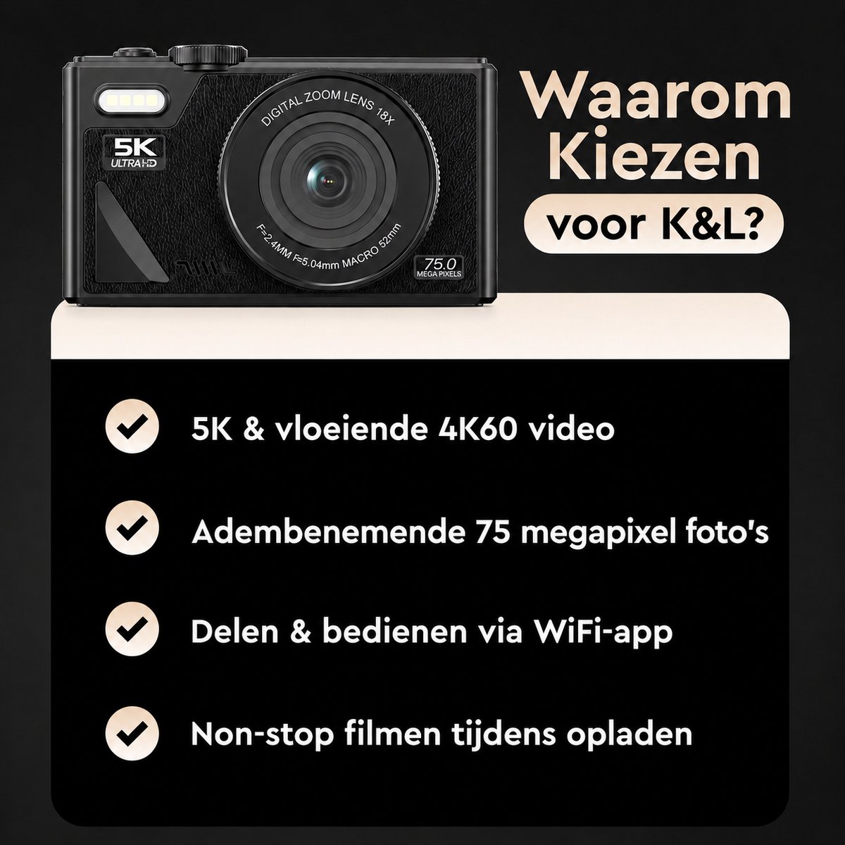 K&L - 5K 75MP - 18X Zoom - 64GB SD - WiFi - 3.0" UHD-display - mic-poort - Fotocamera - Compact Camera - Vlog Camera – foto 3