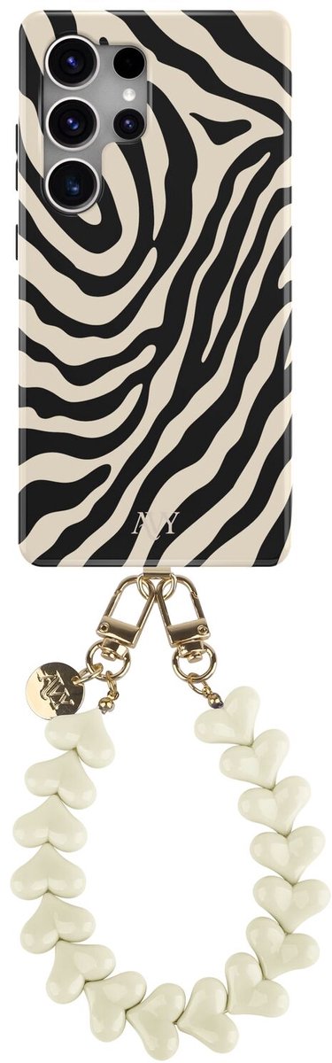 AVY Hoesje Met Telefoonkoord | Geschikt voor Samsung Galaxy S25 Ultra | Compatibel met MagSafe | Hard Shell Back Cover | Stijlvol Bijpassend Koord 30CM | Safari Hearts | Zwart & Wit