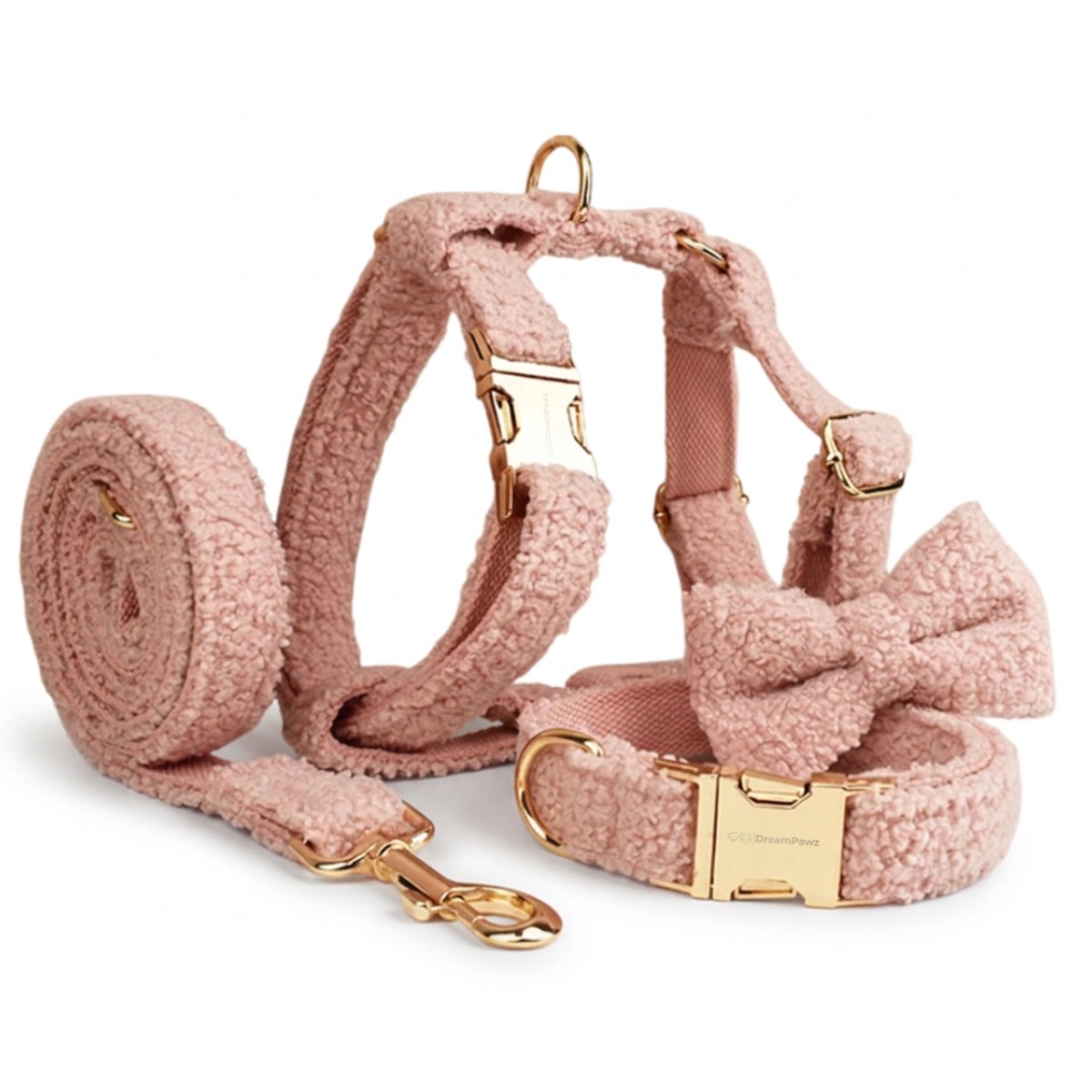 DreamPawz - Teddy Ready - 4-Delige Set met Tuigje, Halsband, Strik en Riem - Harnas voor kleine honden - Roze - M