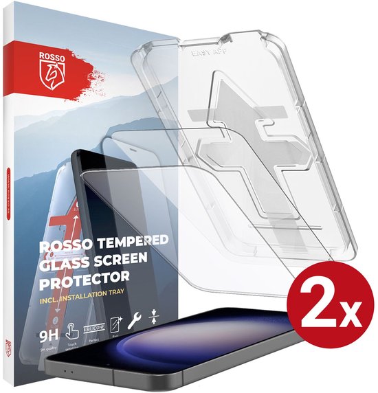 Twee Rosso tempered glass screenprotectors met installatietray.