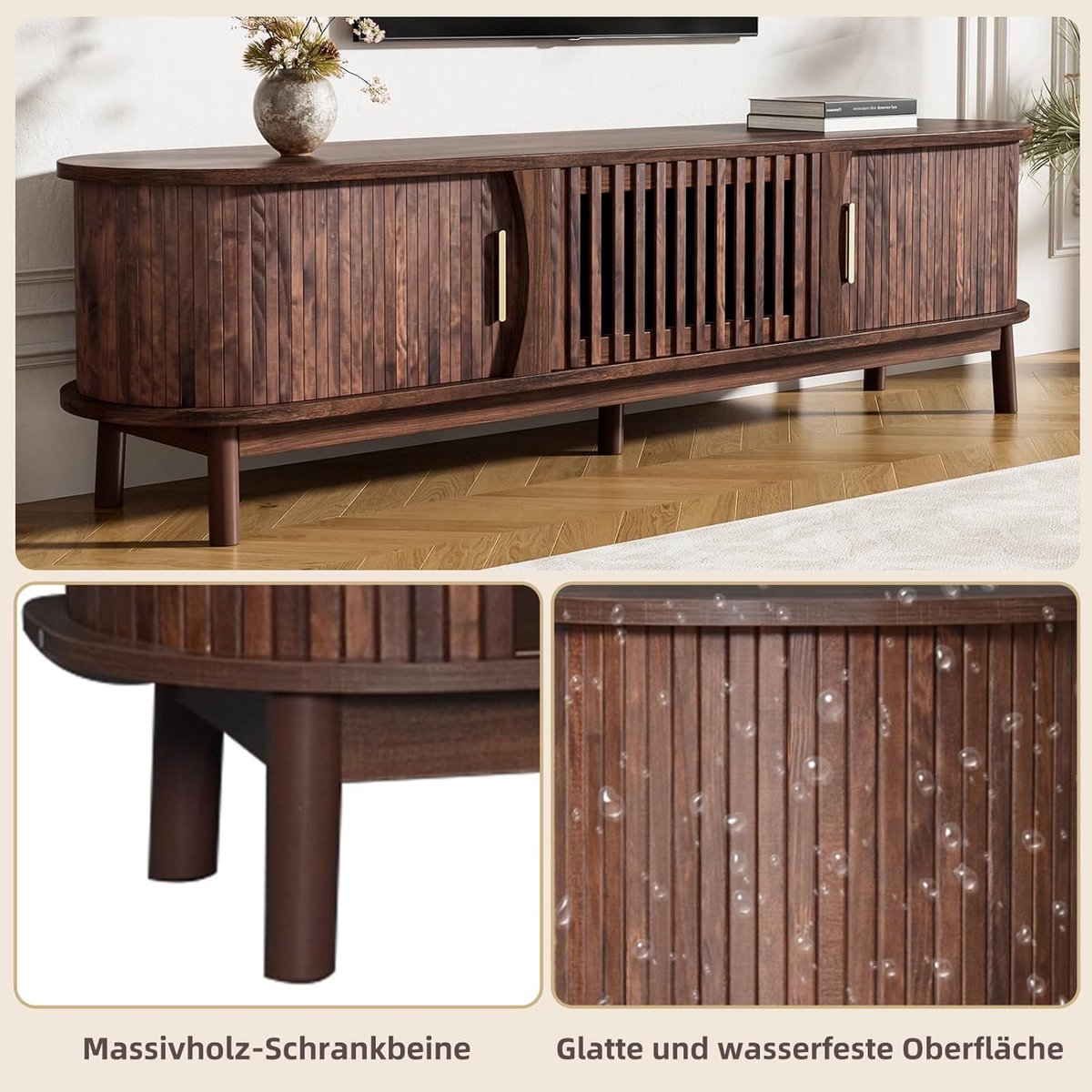 TV-meubel 165 cm – Retro Lowboard met Schuifdeuren en Klepdeur – Bruin MDF TV Kast voor 65 inch Televisie – 165 x 39,5 x 46 cm – Mobili Bella