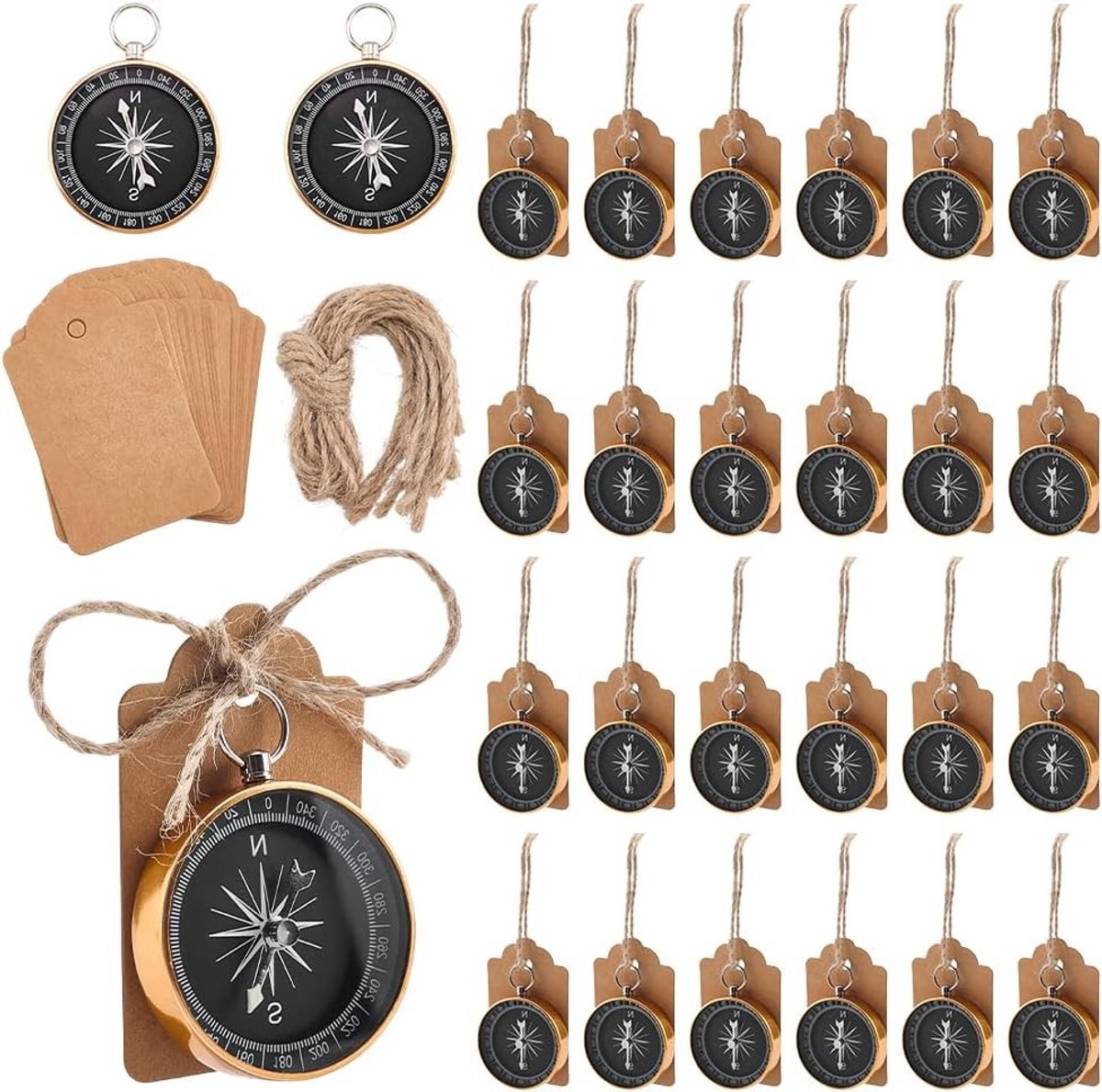 30 Sets Kompas Trouwen Bedankjes Bulk Verpakking Geschenken voor Gasten met Kaarten en Touwen DIY Feest Souvenirs Set Klassieke Aluminium Zwarte Gouden Kompas Ornamenten