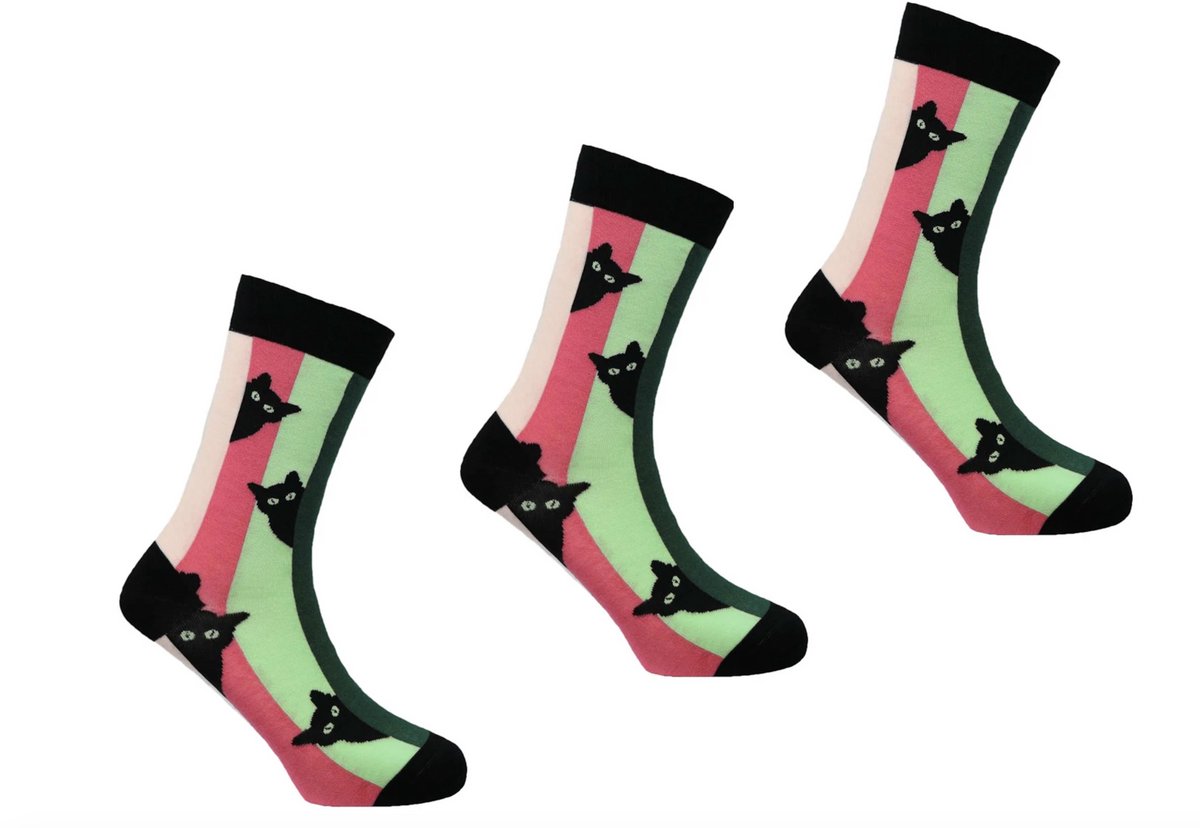 SEXY SOCKS Curious Cat Bamboe Sokken Set 3 Paar – Grappige en Vrolijke Bamboo Socks met Nieuwsgierige Kat – Unisex Dames & Heren One Size Fits All – Leuk Verjaardagscadeau, Kerstcadeau en Christmas Gift – Comfortabele Gebreide Sokken
