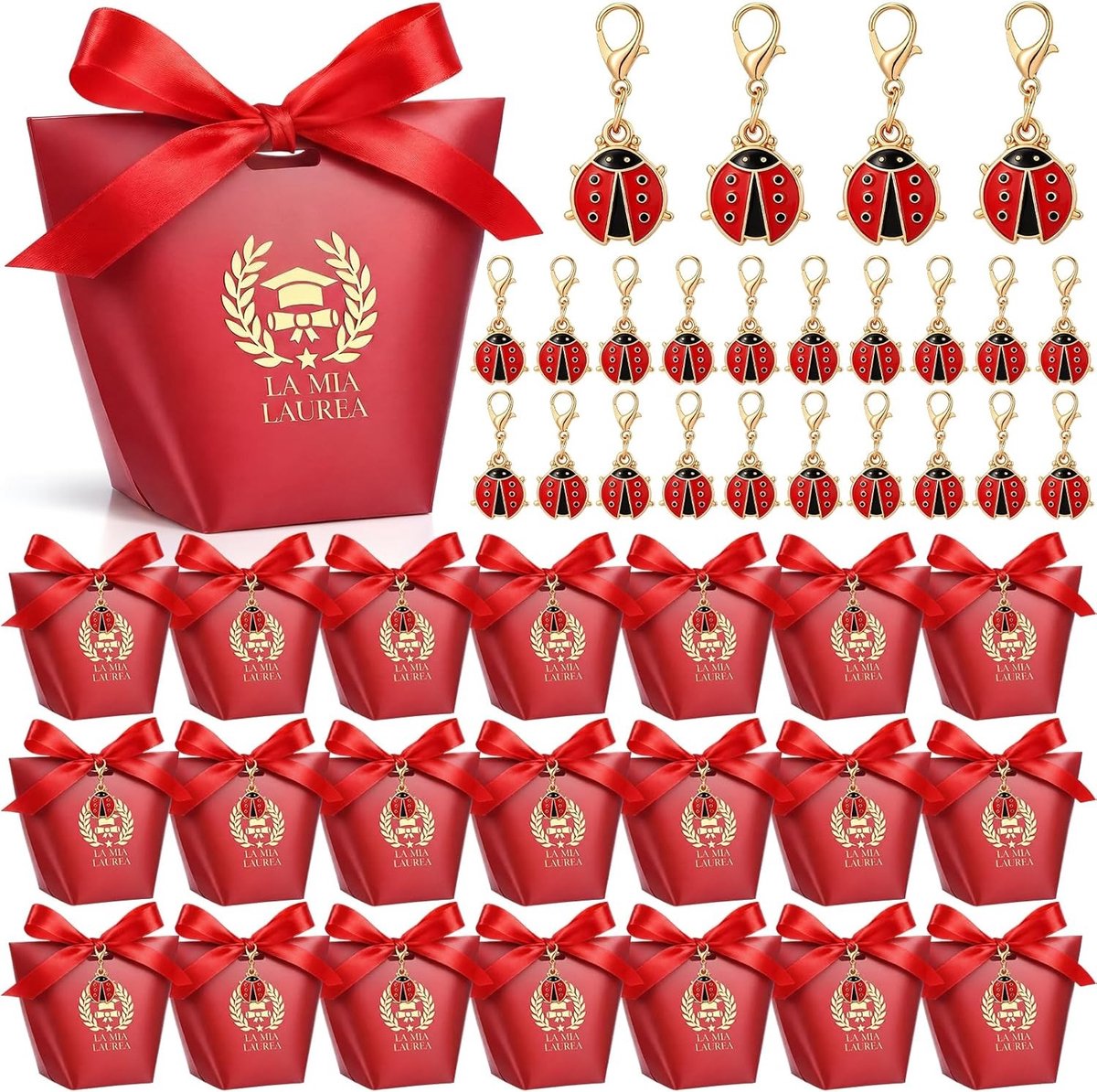 30 Sets Cadeauverpakkingen voor Afstuderen met Lieveheersbeestje Sleutelhanger en Rood Lint - Perfecte Decoratie voor Feestjes en Cadeaus