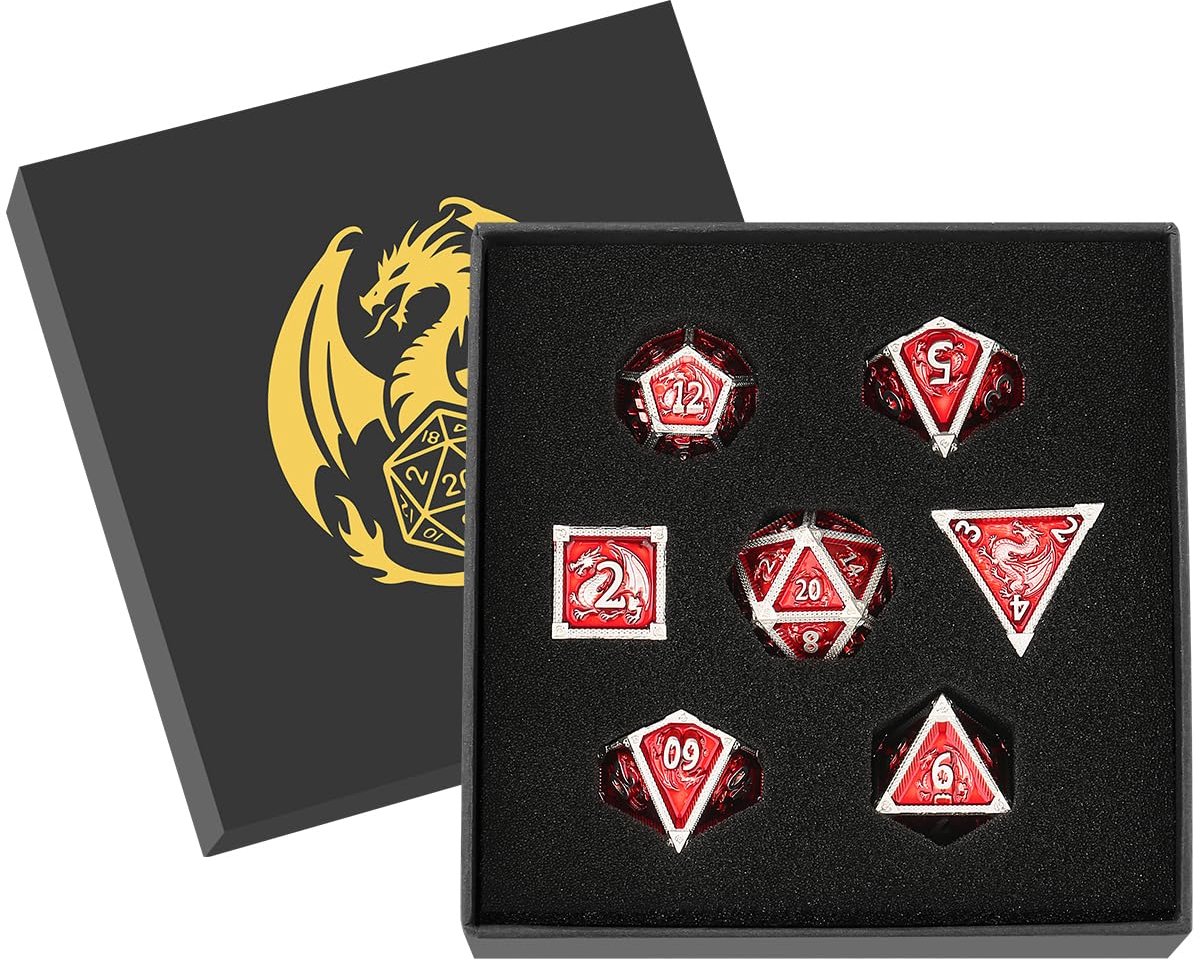 DND dobbelstenen set - drakenpatroon - metalen 7-delige set - perfect voor rollenspellen - ShopVlot