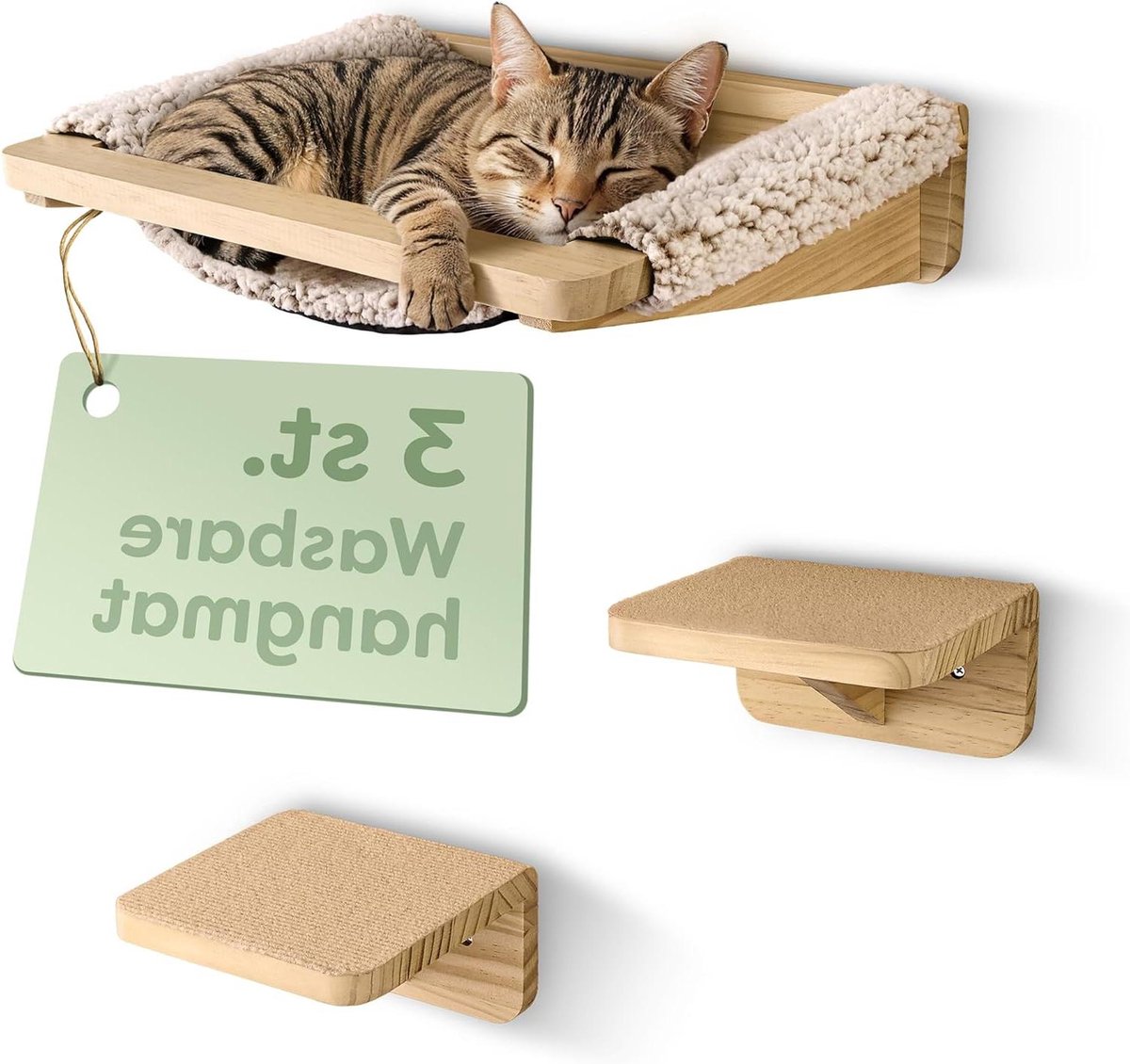 Katten Klimmuur Set - Wandmeubel Kat - Speelplezier & Rust - Massief Grenenhout FSC - 40x31x10cm - Beige