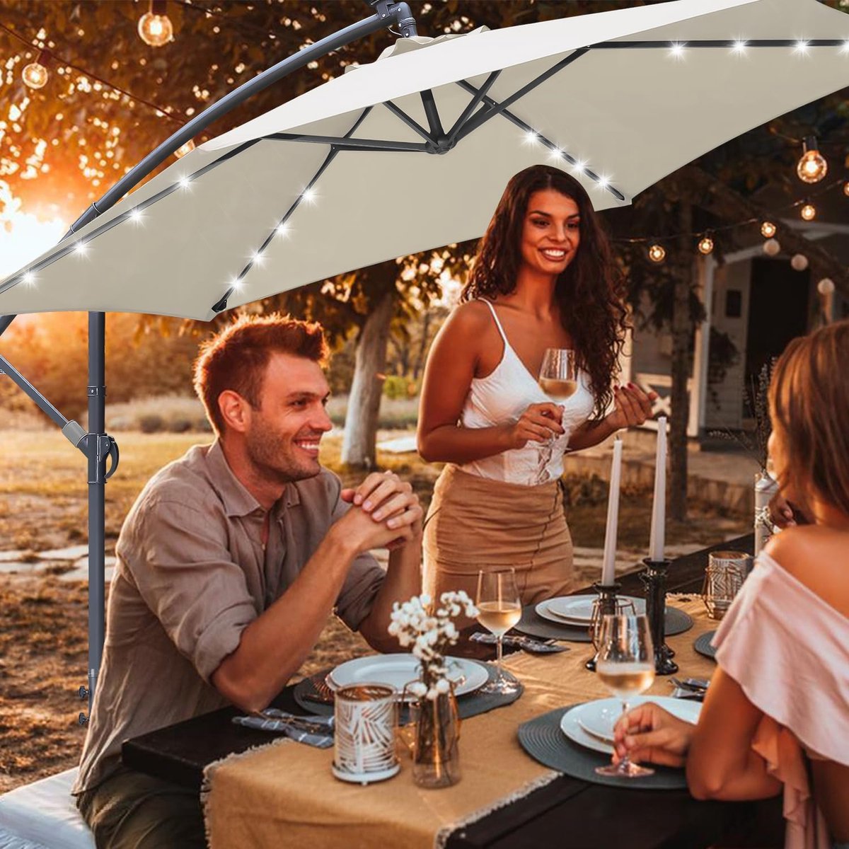 Zweefparasol - Tuinscherm Zonnedak - Buiten Ontspannen - Geïntegreerde LED Verlichting - 350cm Diameter - Beige – foto 2