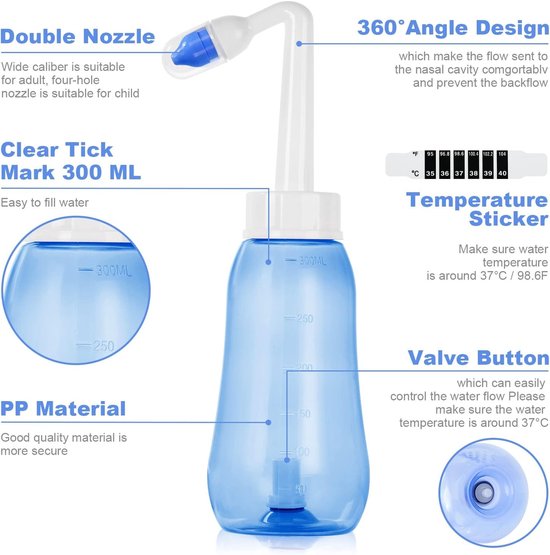 Nasal Wash Set met 300 ml Sine Rinse Bottle, 20 Nasal Rinse Zoutpakketten en Thermometer Stickers voor Volwassenen en Kinderen, BPA-vrij en Effectieve Neusspoeling — afbeelding 2