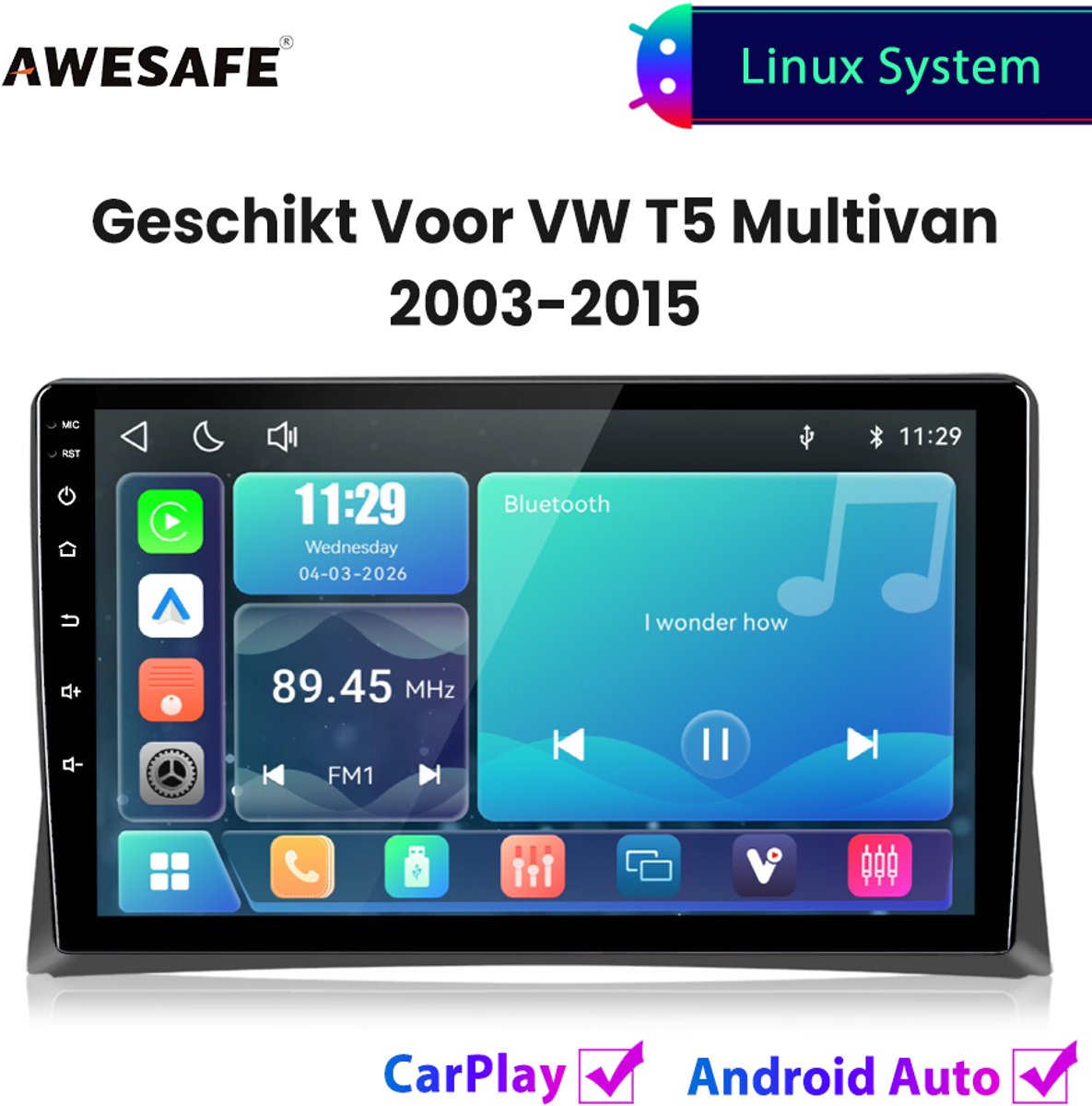 Awesafe Autoradio - Geschikt Voor VW Volkswagen T5 Multivan 2003 t/m 2015 - Draadloos Carplay Android Auto - Linux systeem - Touchscreen - Bluetooth Wifi - 2003 2004 2005 2006 2007 2008 2009 2010 2011 2012 2013 2014 2015