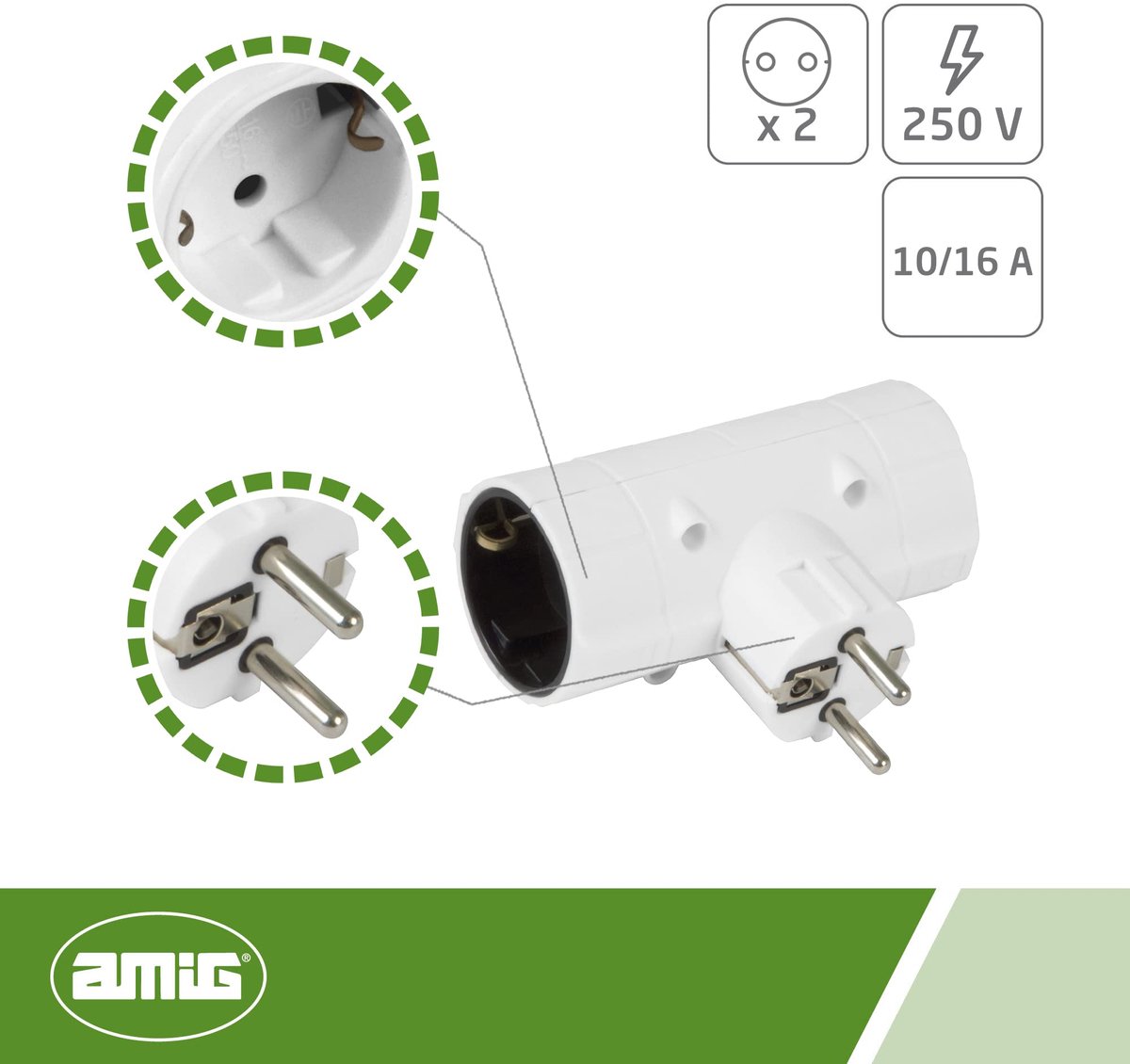 Schuko-stekkeradapter 2-voudig - horizontale wandadapter - max. 250 V - ideaal voor extra aansluitingen - ShopVlot